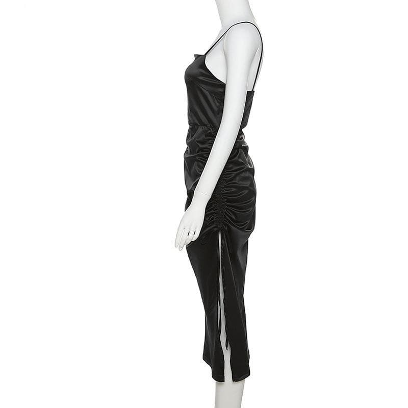 Satin Square Neck Side Ruched Drawstring Slit Bodycon Midi Dress