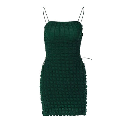 Waffle Texture Square Neck Side Lace Up Cut Out Spaghetti Strap Mini Dress