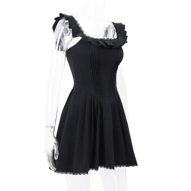 Square Neck Ruffle Strap Pintuck Pleated Lace Hem Fit and Flare Mini Dress