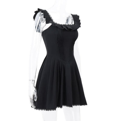 Square Neck Ruffle Strap Pintuck Pleated Lace Hem Fit and Flare Mini Dress