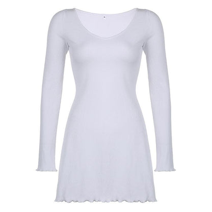 Rib Knit Scoop Neck Long Sleeve Lettuce Hem Ruffle Mini Dress
