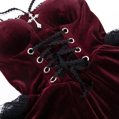 Velvet Lace Up Cross Pendant Tiered High Low Midi Dress