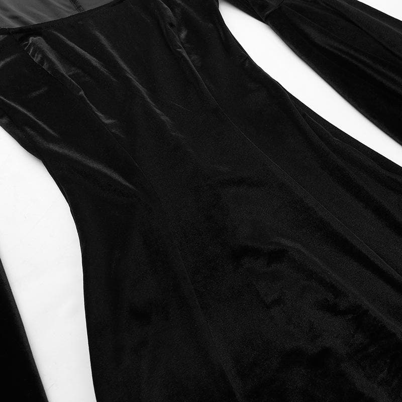 Velvet Square Neck Bell Sleeve Spiderweb Lace Panel Maxi Gown
