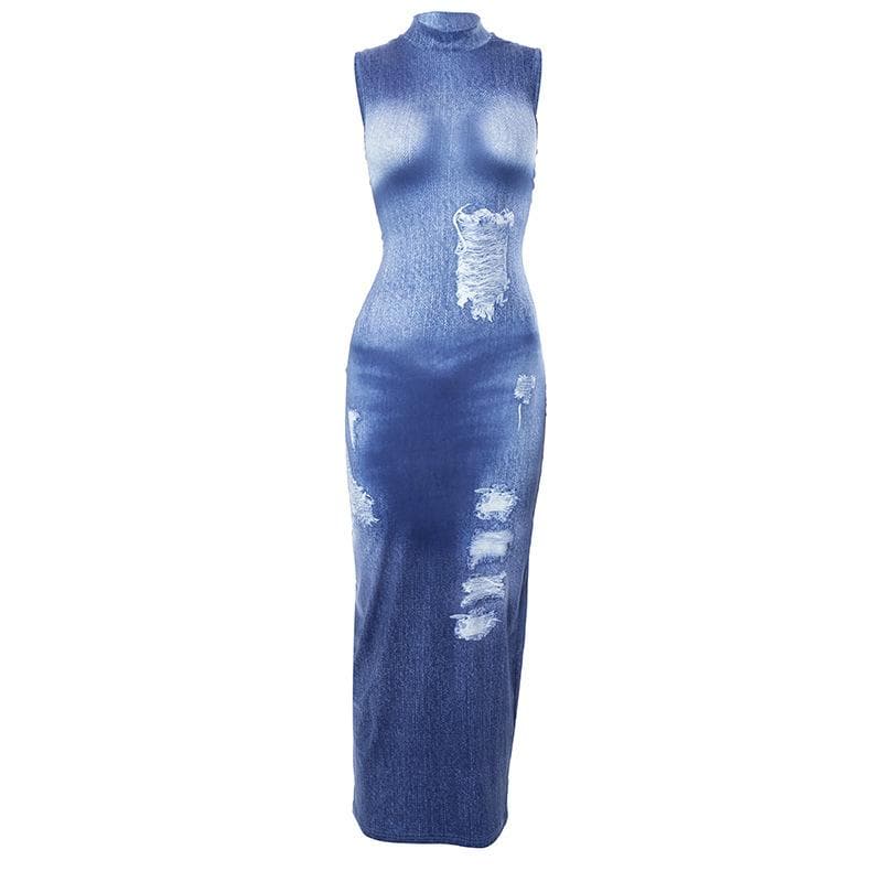 Mock Neck Distressed Faux Denim Print Bodycon Maxi Dress