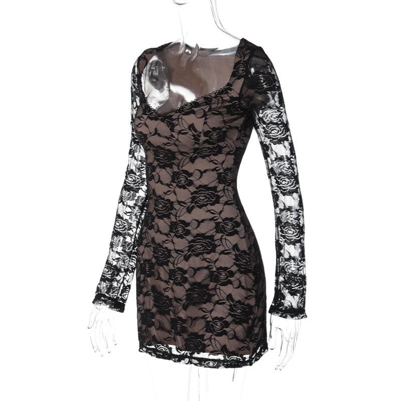 Scoop Neck Floral Lace Overlay Contrast Lining Long Sleeve Bodycon Mini Dress