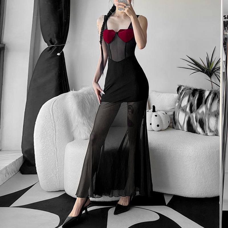 Thick Strap Heart Cup Mesh Panel Sleeveless Column Maxi Dress