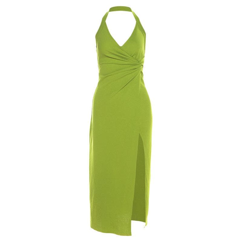 Halter Deep V Ruched Wrap High Side Slit Layered Maxi Dress