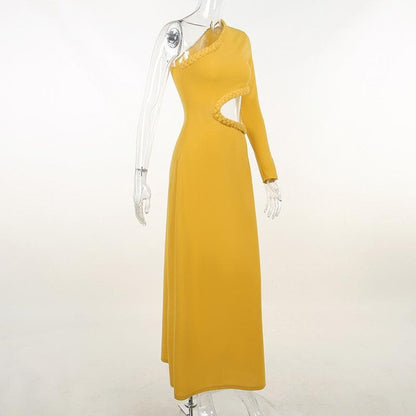 One Shoulder Long Sleeve Braided Trim Waist Cutout Midi Dress