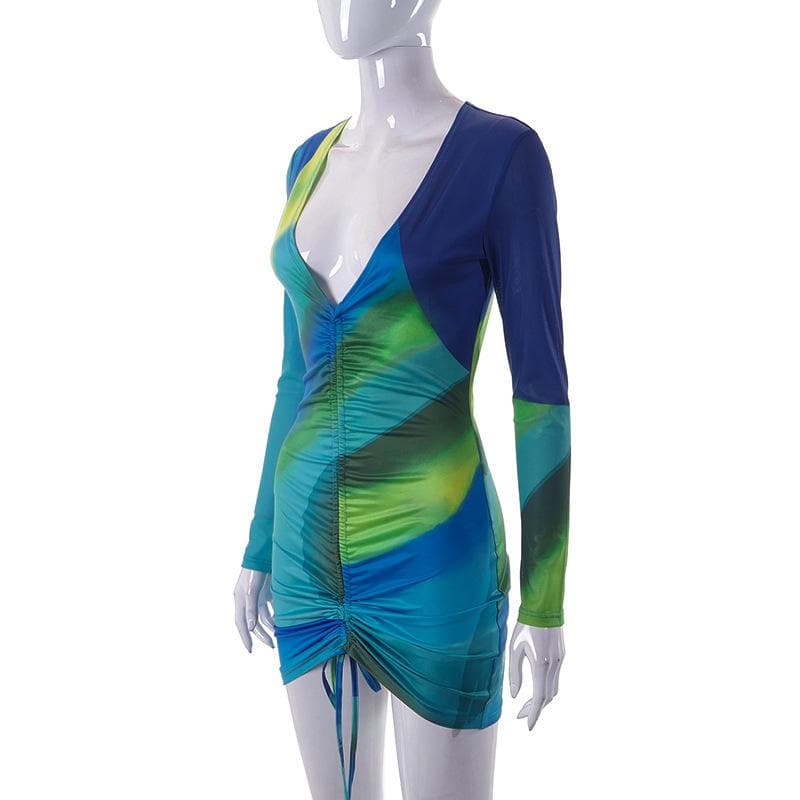 Deep V Neck Front Ruching Drawstring Tie Abstract Print Mini Dress