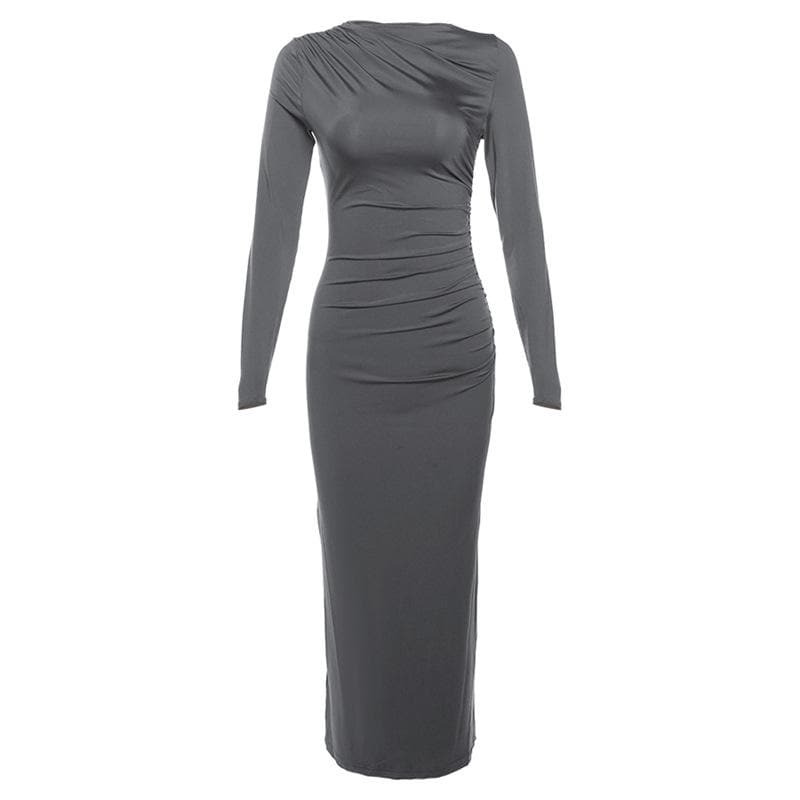 Boat Neck Ruched Gathered Long Sleeve Zip Maxi Dress