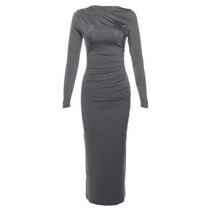 Boat Neck Ruched Gathered Long Sleeve Zip Maxi Dress