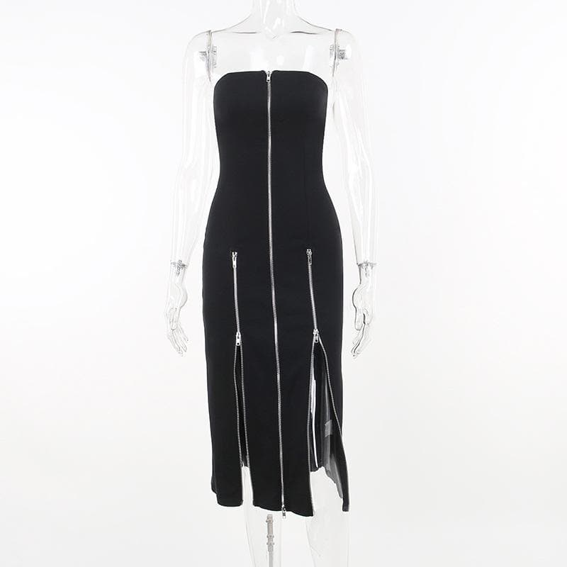 Zip Up Front Slit Strapless Tube Midi Dress