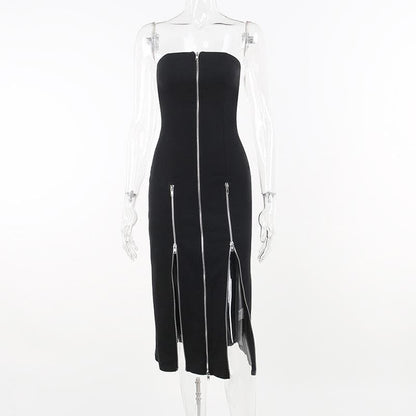 Zip Up Front Slit Strapless Tube Midi Dress