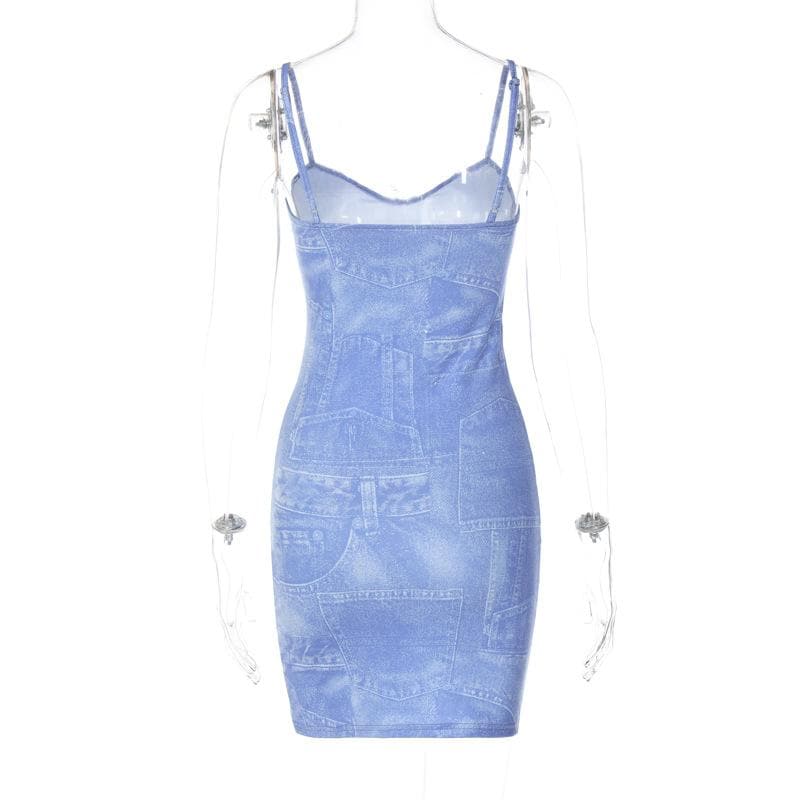 Sweetheart Spaghetti Strap Denim Patchwork Print Bodycon Mini Dress