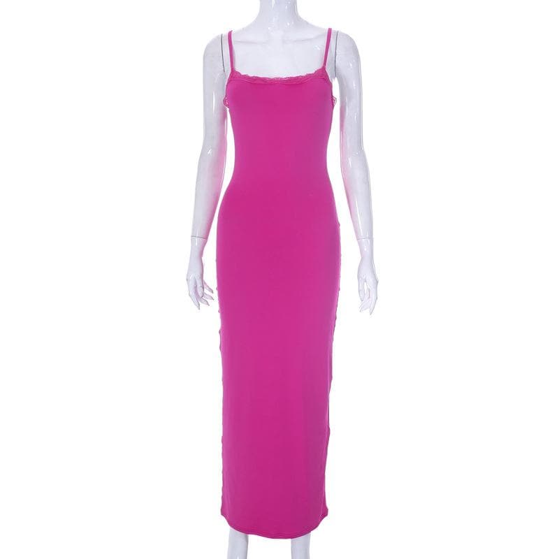 Square Neck Lace Trim Spaghetti Strap Backless Bodycon Maxi Dress