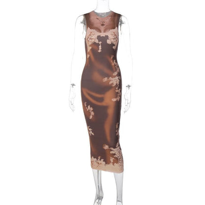 Sleeveless Crewneck Body Silhouette Floral Overlay Bodycon Maxi Dress