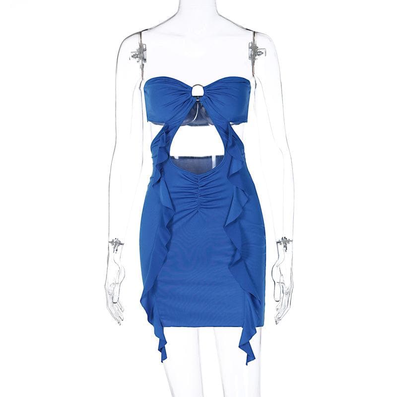 Strapless Bow Front O-Ring Cutout Side Ruffle Bodycon Mini Dress