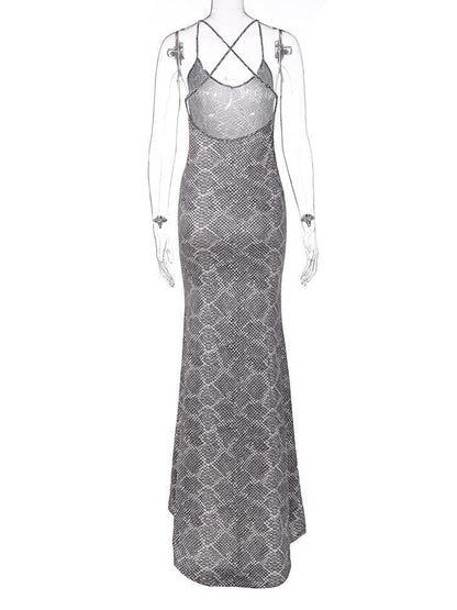 Snakeskin Print Spaghetti Strap Cross Back Deep V Neck Maxi Dress