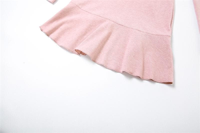 Rib Knit Sweetheart Ruched Pearl Long Sleeve Ruffle Hem Mini Dress