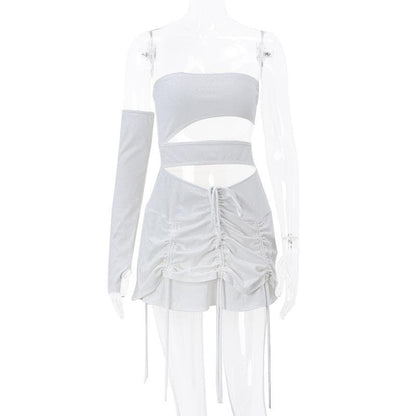 Off Shoulder Cutout Ruched Drawstring One Sleeve Mini Skirt Set