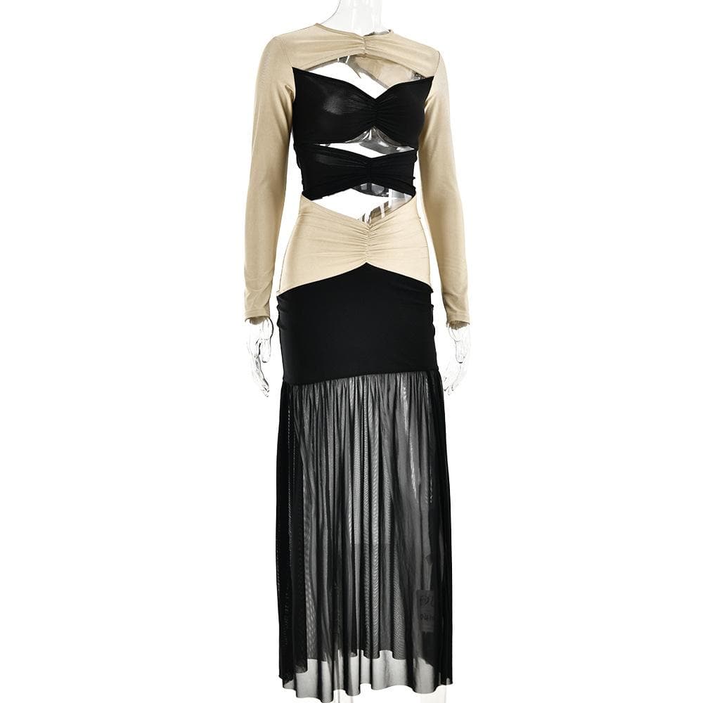Long Sleeve Cutout Contrast Panel Ruched Waist Sheer Mermaid Maxi Dress