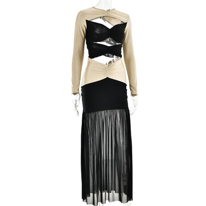 Long Sleeve Cutout Contrast Panel Ruched Waist Sheer Mermaid Maxi Dress