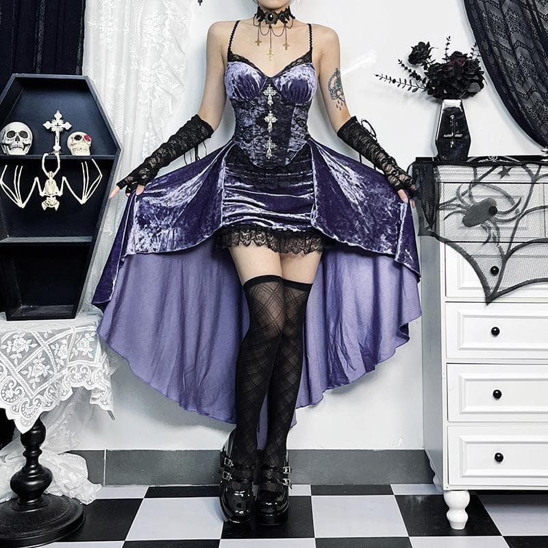 Velvet Lace Trim Cross Applique Corset High Low Midi Dress