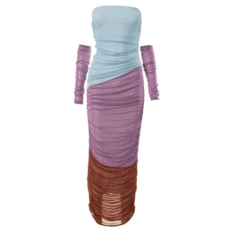 Off Shoulder Color Block Ruched Mesh Maxi Dress