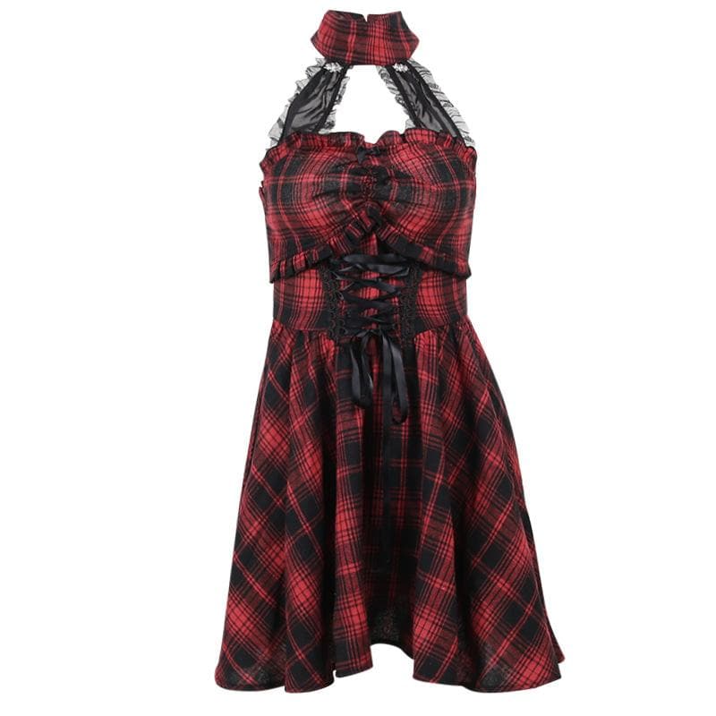 Plaid Halter Choker Keyhole Lace Up Corset Backless Mini Dress