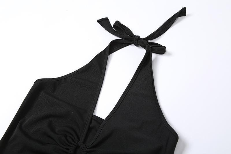 Halter Ring Detail Deep V Ruched Side Slit Bodycon Maxi Dress