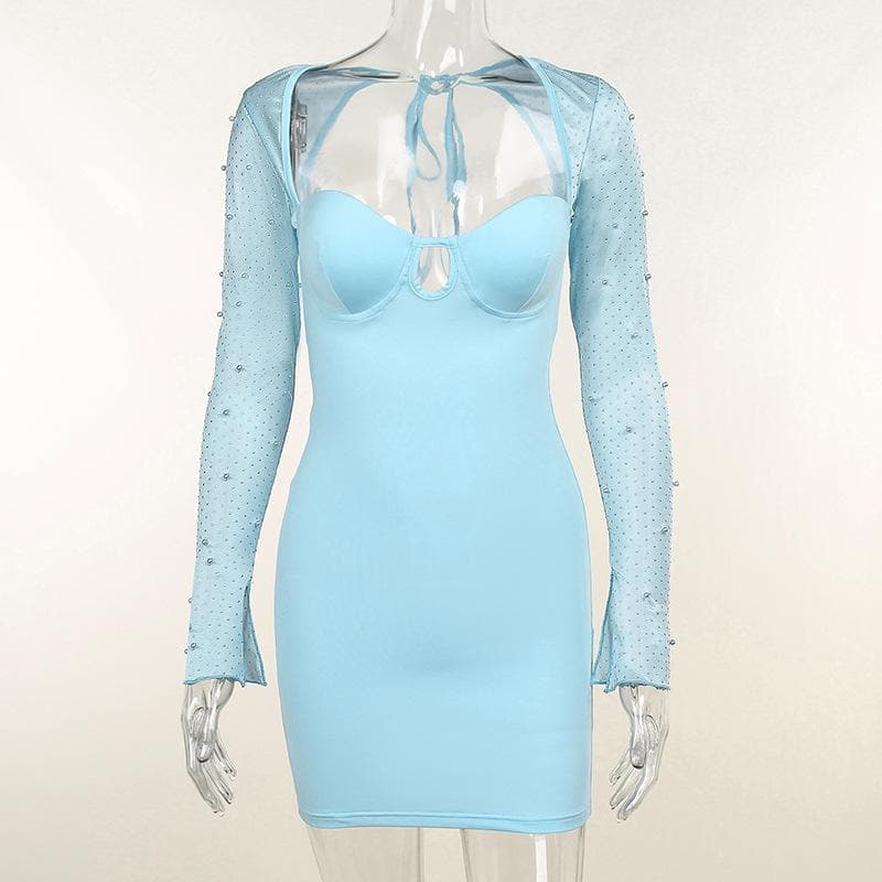 Hollow Out Beaded Mesh Sleeve Sweetheart Keyhole Ruched Zip Mini Dress
