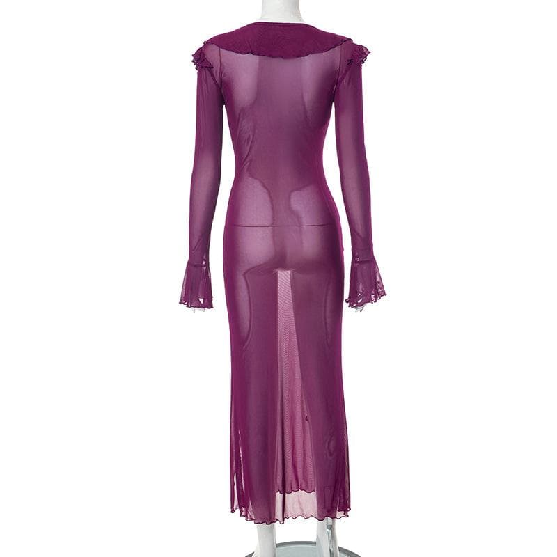 Sheer Mesh Ruffle Cuff Deep V Neck High Slit Flared Sleeve Maxi Dress