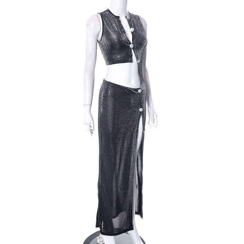 Glitter Asymmetrical Cutout Diagonal Button Sleeveless High Slit Maxi Dress
