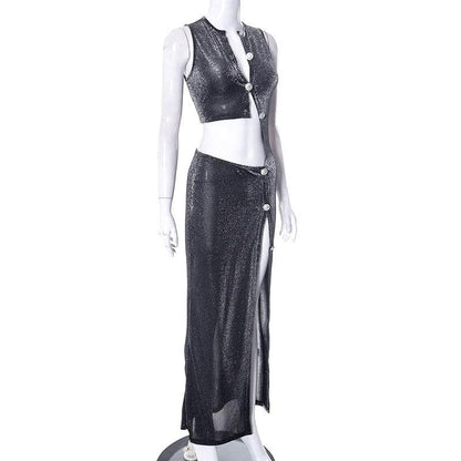 Glitter Asymmetrical Cutout Diagonal Button Sleeveless High Slit Maxi Dress
