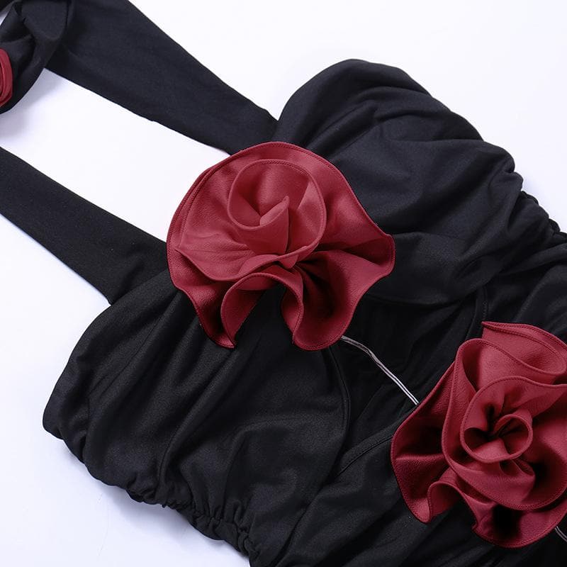 Strapless Rosette Applique Cutout Waist Ruched Bodycon Mini Dress with Choker