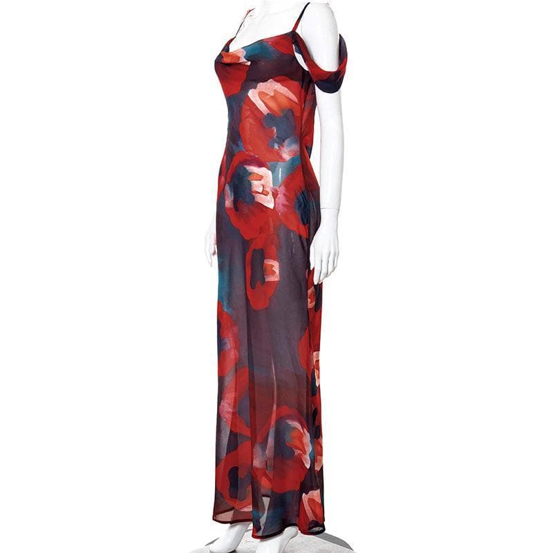 Scoop Neck Spaghetti Strap Off Shoulder Flared Sleeve Floral Mesh Bodycon Maxi Dress