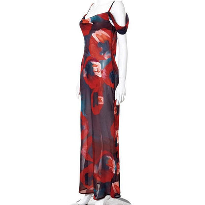 Scoop Neck Spaghetti Strap Off Shoulder Flared Sleeve Floral Mesh Bodycon Maxi Dress