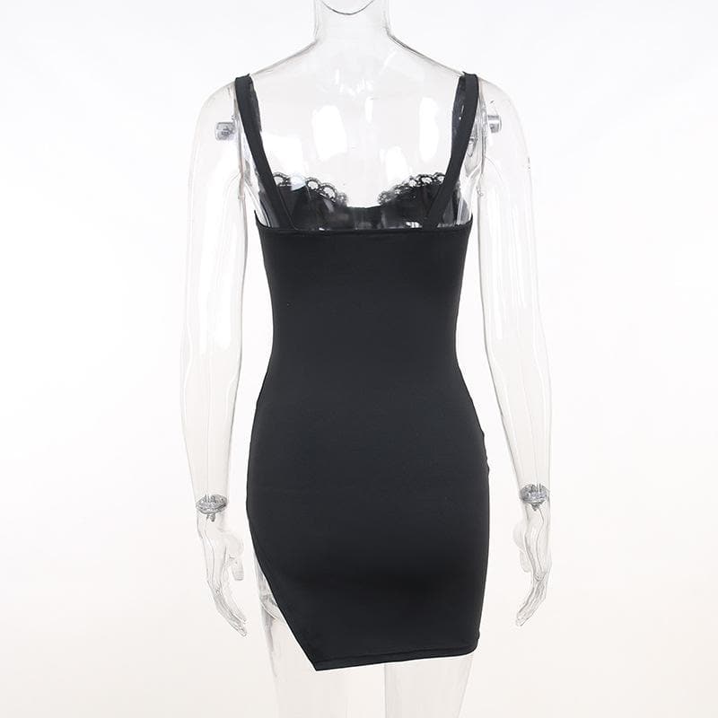 Ruched Sleeveless Lace Slit Self Tie Backless Mini Dress