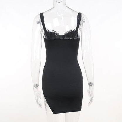 Ruched Sleeveless Lace Slit Self Tie Backless Mini Dress