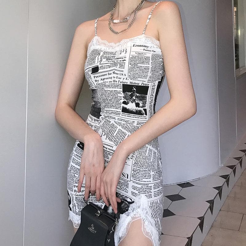 Newspaper Print Lace Trim Side Slit Spaghetti Strap Mini Dress