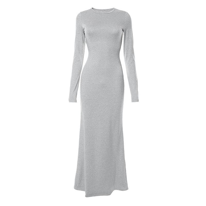 Crew Neck Long Sleeve Heather Knit Bodycon Maxi Dress