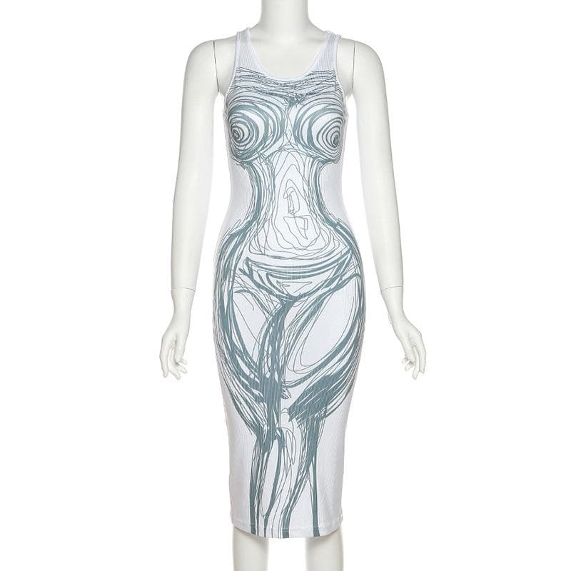 Abstract Figure Line Art Scoop Neck Tank Bodycon Midi Dress