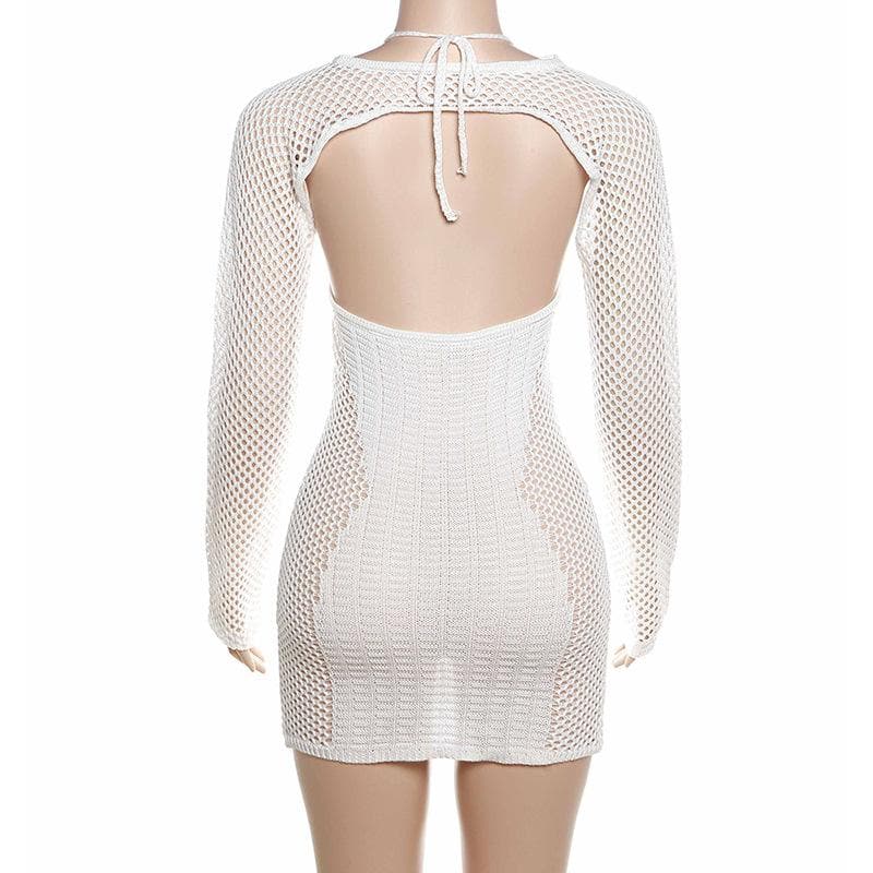 Fishnet Mesh Long Sleeve Shrug Halter Keyhole Mini Dress Set