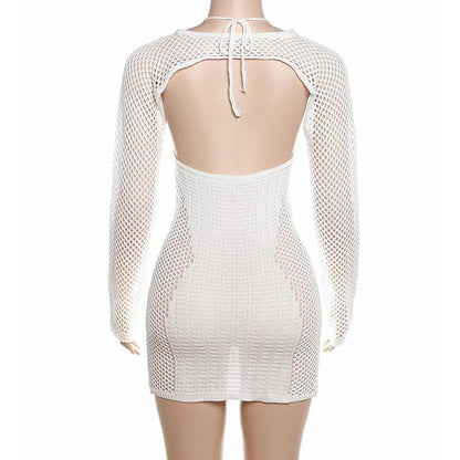 Fishnet Mesh Long Sleeve Shrug Halter Keyhole Mini Dress Set