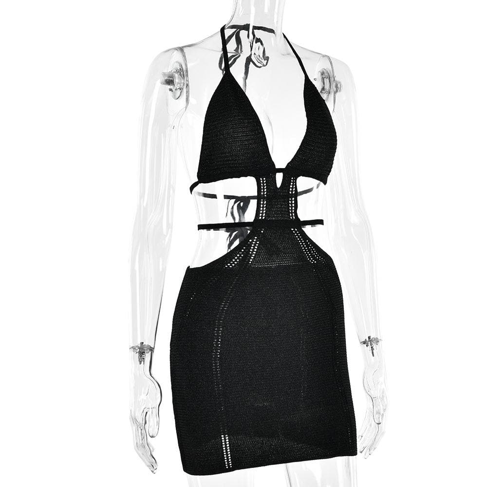 Cross Front Halter O-Ring Backless Self-Tie Mini Dress
