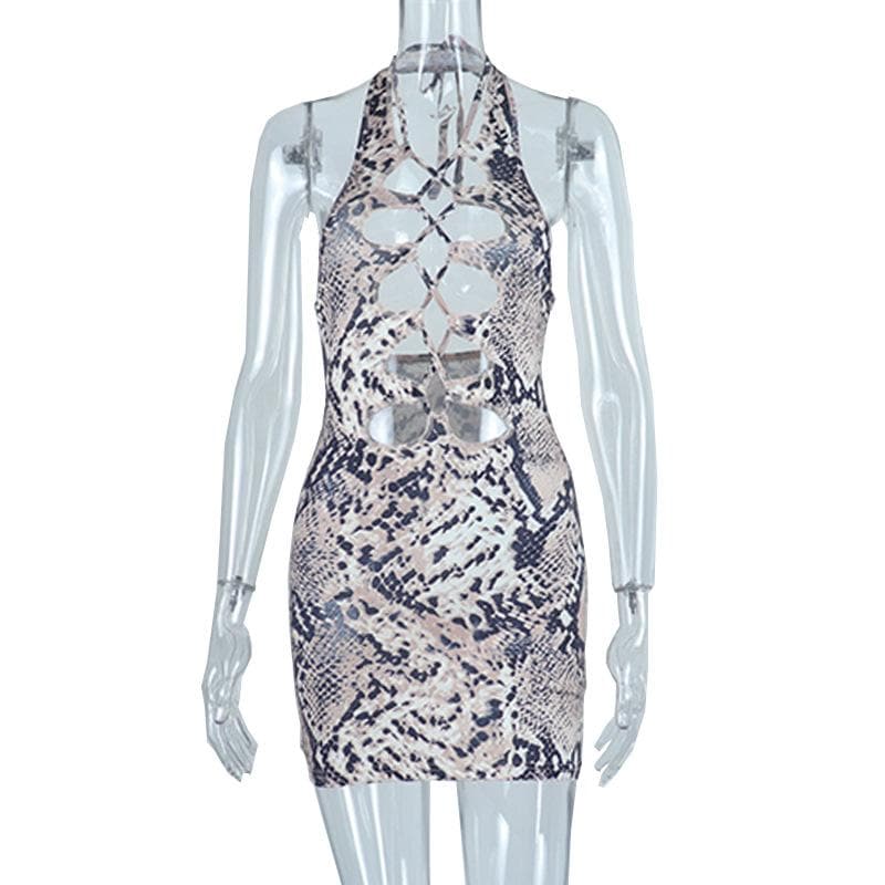 Snakeskin Print Halter Lattice Front Cutout Backless Mini Dress