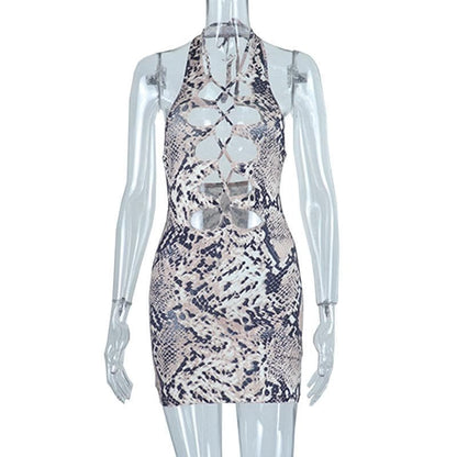 Snakeskin Print Halter Lattice Front Cutout Backless Mini Dress