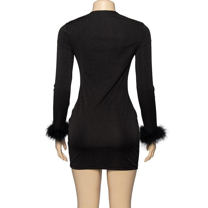 Sweetheart Bustier Feather Cuff Long Sleeve Mini Dress