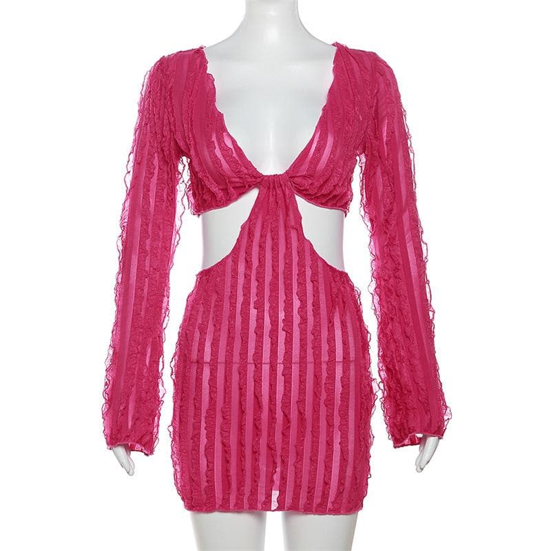 V Neck Ruffle Bell Sleeve Waist Cutout Mini Dress
