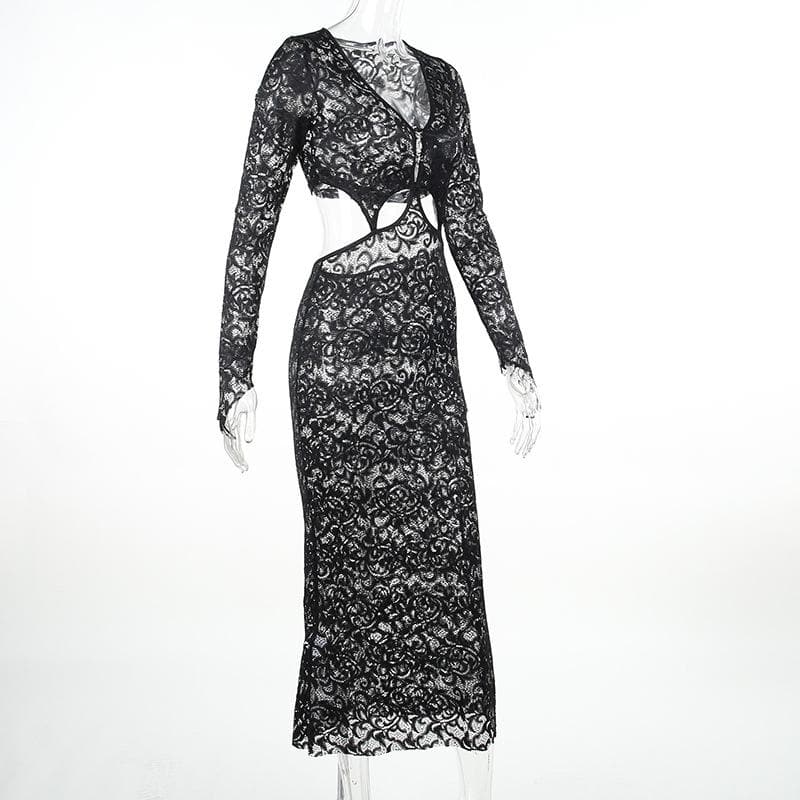 Deep V Neck Lace Long Sleeve Waist Cutout Floor Length Maxi Dress